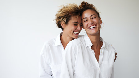 LGBTQ - Female homosexual couple love happiness concept. Homosexual women hugging and enjoying time together in isolated white background. Radiating happiness.の素材