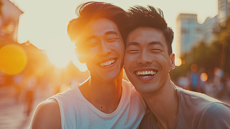 LGBTQ - Asian male homosexual couple love happiness concept. Homosexual male hugging and enjoying time together., radiating happiness.の素材