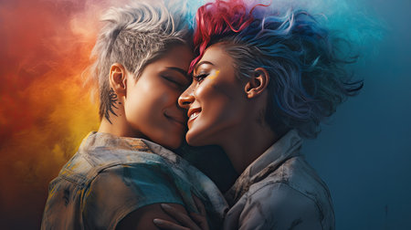 LGBTQ - Female homosexual couple love happiness concept. Homosexual women hugging and enjoying time together., radiating happiness.の素材