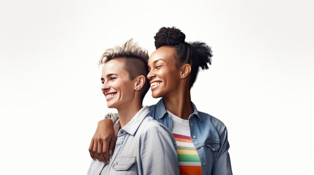 LGBTQ - Female homosexual couple love happiness concept. Homosexual women hugging and enjoying time together in isolated white background. Radiating happiness.の素材