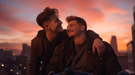 LGBTQ - African male homosexual couple love happiness concept. Homosexual male hugging and enjoying time together., radiating happiness.の素材