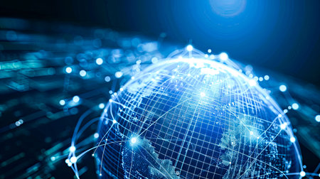 Digital lines communication connections with a satellite earth network. Style of intricately mapped worlds, light indigo and brown, computer-aided manufacturing.の素材