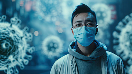 Asian man wearing a medical mask standing with blurry virus molecules. The expression on his face is one of fear and panic.の素材