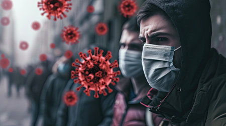 Group of people wearing a medical mask standing with blurry red virus molecules. The expression on his face is one of fear and panic.の素材