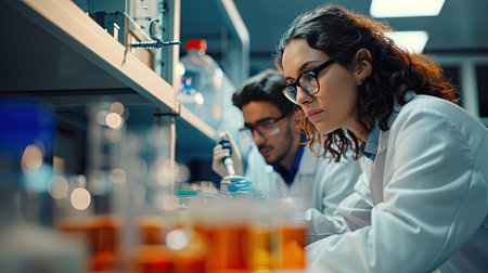 In a chemistry lab, a scientist carefully poured a blue liquid from a beaker into a test tube, conducting an experiment. Scientists are carrying out various experiments, Glowing radioactivityの素材