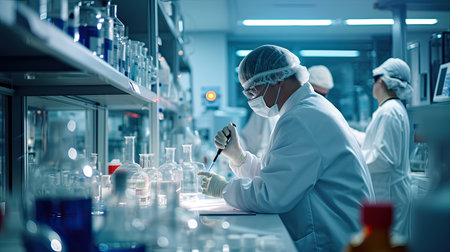 In a chemistry lab, a scientist carefully poured a blue liquid from a beaker into a test tube, conducting an experiment. Scientists are carrying out various experiments, Glowing radioactivityの素材
