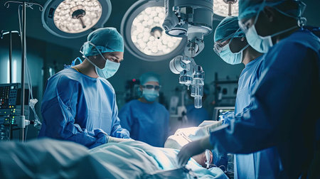 Surgeons Observing High-Precision Programmable Automated Robot Arms Operating Patient In High-Tech Hospital. Robotic Limbs Performing Complicated Nanosurgery, Doctors Looking At Vitals On Monitor.の素材
