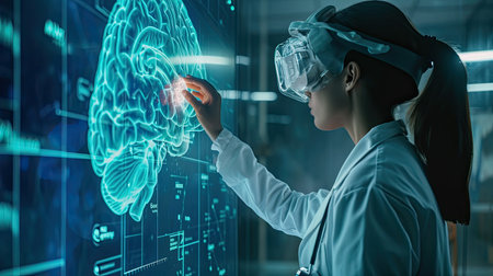 Doctor and innovative medical technology diagnose and examine patient brain with intelligence software. AI, Innovation medical healthcare and digital science technology in futuristic.の素材