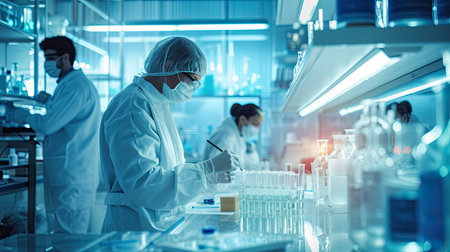 In a chemistry lab, a scientist carefully poured a blue liquid from a beaker into a test tube, conducting an experiment. Scientists are carrying out various experiments, Glowing radioactivityの素材