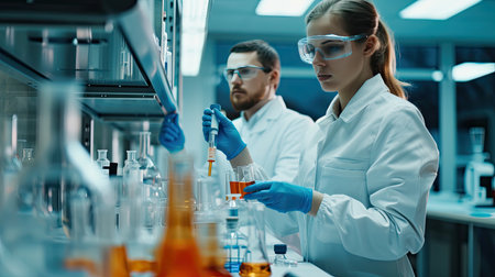 Scientists are absorbed in their research in the laboratory chemistry lab. Scientists are carrying out various experiments, Glowing radioactivityの素材