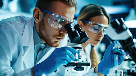 In a chemistry lab, a scientist carefully poured a blue liquid from a beaker into a test tube, conducting an experiment. Scientists are carrying out various experiments, Glowing radioactivityの素材