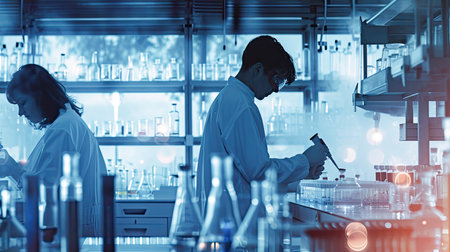 Scientists are absorbed in their research in the laboratory chemistry lab. Scientists are carrying out various experiments, Glowing radioactivityの素材