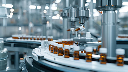 An advanced pharmaceutical factory with robotic systems precisely filling, capping, and labeling medicine bottles. High-tech automation ensures sterile.の素材