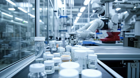An advanced pharmaceutical factory with robotic systems precisely filling, capping, and labeling medicine bottles. High-tech automation ensures sterile.の素材