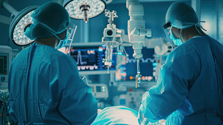 Surgeons Observing High-Precision Programmable Automated Robot Arms Operating Patient In High-Tech Hospital. Robotic Limbs Performing Complicated Nanosurgery, Doctors Looking At Vitals On Monitor.の素材