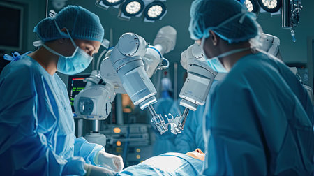 Surgeons Observing High-Precision Programmable Automated Robot Arms Operating Patient In High-Tech Hospital. Robotic Limbs Performing Complicated Nanosurgery, Doctors Looking At Vitals On Monitor.の素材