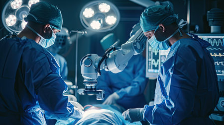 Surgeons Observing High-Precision Programmable Automated Robot Arms Operating Patient In High-Tech Hospital. Robotic Limbs Performing Complicated Nanosurgery, Doctors Looking At Vitals On Monitor.の素材