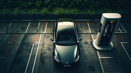 EV charging station for electric car in concept of green sustainable energy produced from renewable resources to supply to charger station , Top view.の素材