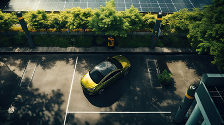 EV charging station for electric car in concept of green sustainable energy produced from renewable resources to supply to charger station , Top view.の素材