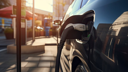 Electric Car EV battery charging station charging in car port, efficient sustainable eco environmental power energy fueling industry of eclectic vehicle car transportation.の素材