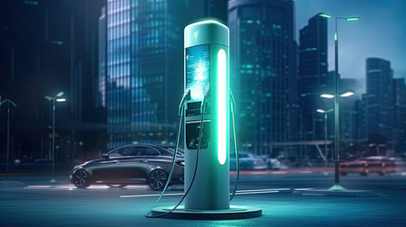 Alternative energy for smart car concept,EV vehicle charging station for electric car futuristic charger power cable and plug supply to car green energy and eco power sustainable source technology.の素材