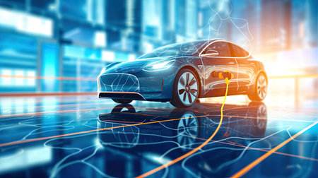 Alternative energy for smart car concept,EV vehicle charging station for electric car futuristic charger power cable and plug supply to car green energy and eco power sustainable source technology.の素材
