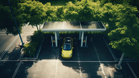 EV charging station for electric car in concept of green sustainable energy produced from renewable resources to supply to charger station , Top view.の素材