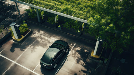 EV charging station for electric car in concept of green sustainable energy produced from renewable resources to supply to charger station , Top view.の素材