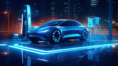 Alternative energy for smart car concept,EV vehicle charging station for electric car futuristic charger power cable and plug supply to car green energy and eco power sustainable source technology.の素材