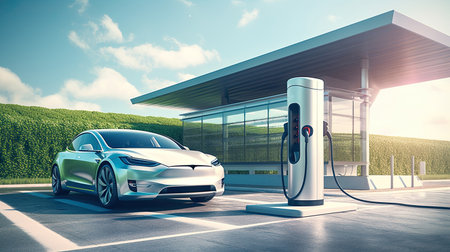 Alternative energy for smart car concept,EV vehicle charging station for electric car futuristic charger power cable and plug supply to car green energy and eco power sustainable source technology.の素材