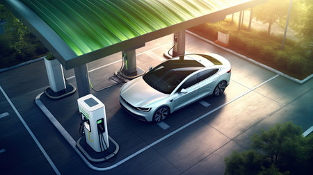 Alternative energy for smart car concept,EV vehicle charging station for electric car futuristic charger power cable and plug supply to car green energy and eco power sustainable source technology.の素材