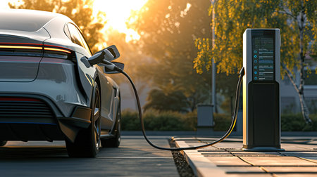 Electric Car EV battery charging station charging in car port, efficient sustainable eco environmental power energy fueling industry of eclectic vehicle car transportation.の素材