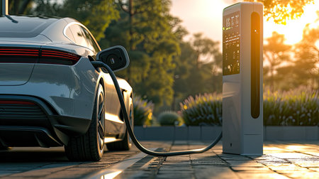 Electric Car EV battery charging station charging in car port, efficient sustainable eco environmental power energy fueling industry of eclectic vehicle car transportation.の素材