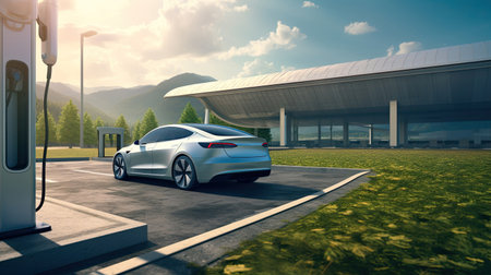 Alternative energy for smart car concept,EV vehicle charging station for electric car futuristic charger power cable and plug supply to car green energy and eco power sustainable source technology.の素材
