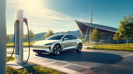 Alternative energy for smart car concept,EV vehicle charging station for electric car futuristic charger power cable and plug supply to car green energy and eco power sustainable source technology.の素材