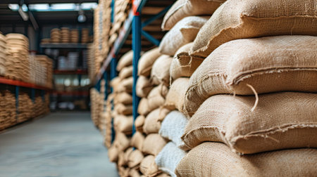 Many sacks of rice with goods in big warehouse for distribution to customer, import export logistics business.の素材