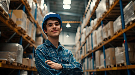 A man worker at the factory storage business warehouse. Box at large warehouse in modern factory. Packaging in factory or warehouse.の素材