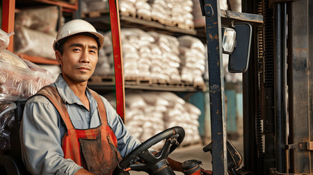 Worker loading with forklift in rice warehouse. Rows or stacks of white sack bags at large warehouse in modern factory. Packaging in factory or warehouse.の素材