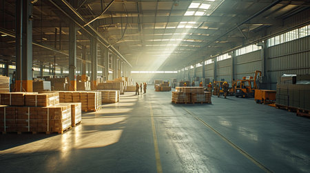 Group of workers at the factory storage business warehouse. Box at large warehouse in modern factory. Packaging in factory or warehouse.の素材