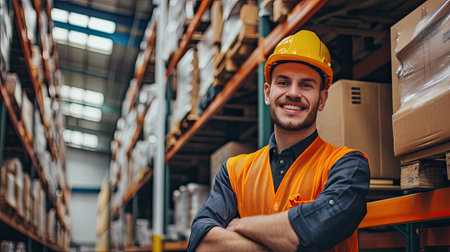 A man worker at the factory storage business warehouse. Box at large warehouse in modern factory. Packaging in factory or warehouse.の素材