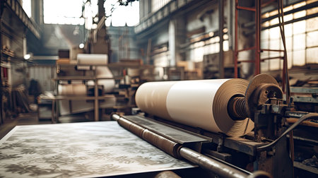 Large offset printing press or magazine running a long roll off paper in production line of industrial printer machine.の素材