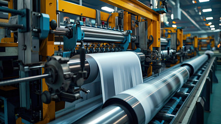 Large offset printing press or magazine running a long roll off paper in production line of industrial printer machine.の素材