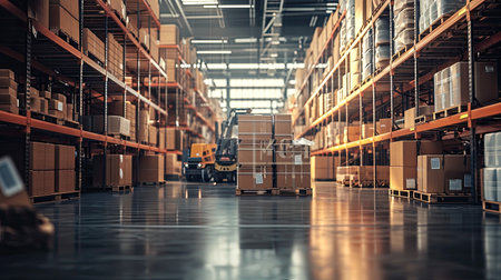 Retail warehouse full of shelves with goods in cartons, with pallets and forklifts. Logistics and transportation blurred background. Product distribution center.の素材