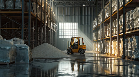 Retail warehouse full of shelves with goods in cartons, with pallets and forklifts. Logistics and transportation blurred background. Product distribution center.の素材