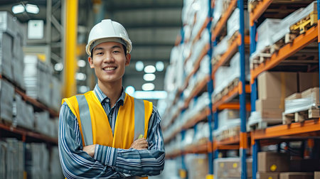 A man worker at the factory storage business warehouse. Box at large warehouse in modern factory. Packaging in factory or warehouse.の素材