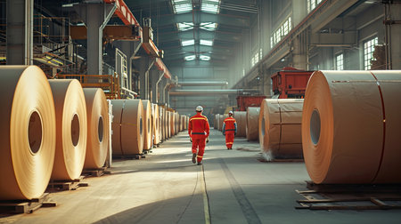 Workers man working in paper rolls factory or warehouse.の素材