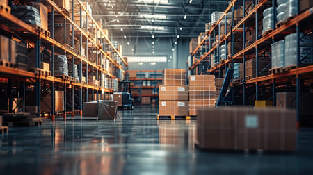 Retail warehouse full of shelves with goods in cartons, with pallets and forklifts. Logistics and transportation blurred background. Product distribution center.の素材