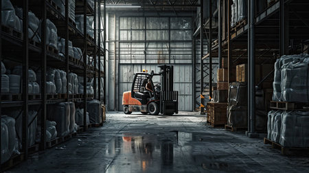 Retail warehouse full of shelves with goods in cartons, with pallets and forklifts. Logistics and transportation blurred background. Product distribution center.の素材