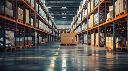 Retail warehouse full of shelves with goods in cartons, with pallets and forklifts. Logistics and transportation blurred background. Product distribution center.の素材