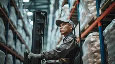 Worker loading with forklift in rice warehouse. Rows or stacks of white sack bags at large warehouse in modern factory. Packaging in factory or warehouse.の素材